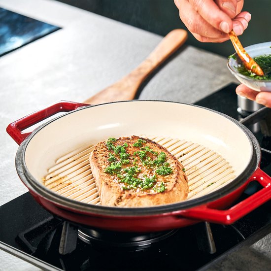 The Tasman Dutch Oven and Grill - Kochtopf - Recyceltes Gusseisen - mit traditionellem und Grilldeckel - Ø29 cm - Rot