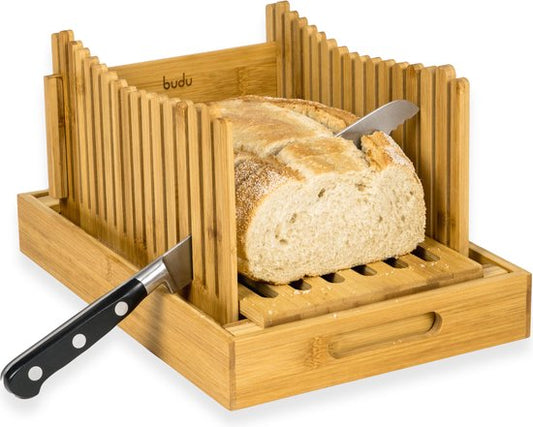 Budu Brotschneidemaschine Bambus - Brotschneidemaschine Werkzeug - Brotbrett Holz - Brotschneidemaschine mit Auffangschale - Bambus - 30x20cm