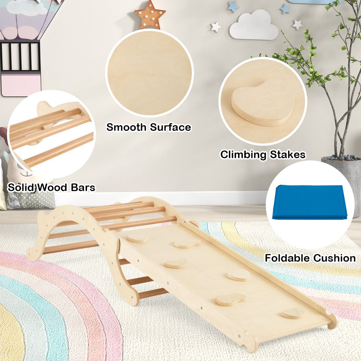 Coast 3-in-1-Kletterleiterset aus Holz mit Bogen, Rutsche und Matte - 116 x 50 x 39 cm - Natur