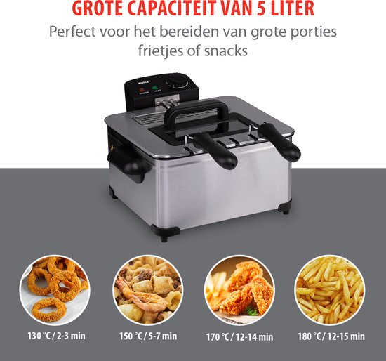 alpina Fritteuse Double 5 Liter - Fritteuse mit einstellbarem Thermostat - Fritteuse mit 3 herausnehmbaren Körben - Fritteuse 2000W - 27,5 x 21,5 x 30,5 cm - Edelstahl