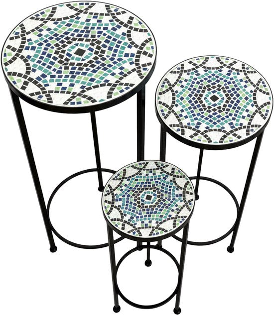 AXI Lola Mosaik-Pflanztisch, rund, mehrfarbig – 3er-Set – Beistelltische – Verschiedene Größen – Mosaik-Optik – Mit Keramikfliesen eingelegt – Für den Innenbereich, den Garten, die Terrasse und den Balkon