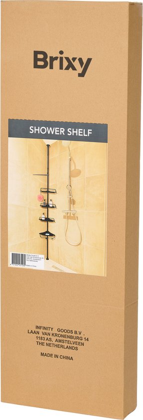 Brixy Duschregal - Teleskopisch - 85-305 cm - Kein Bohren - Boden bis zur Decke - 4 Ablagen - 3 Haken - Schwarz
