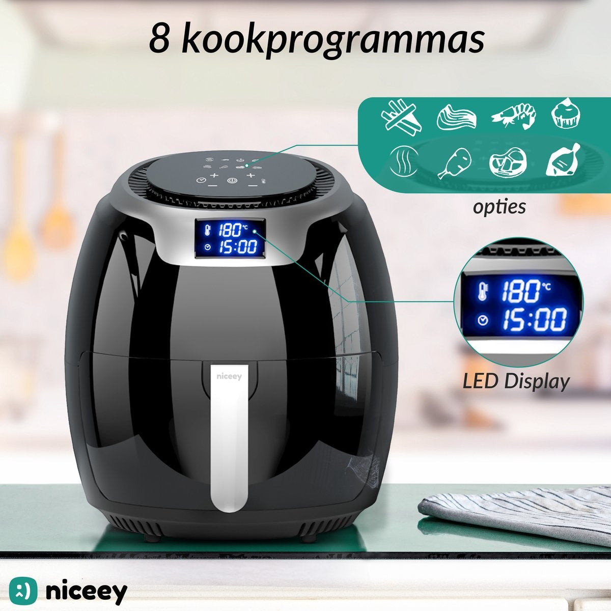 Niceey Airfryer XXL - Heißluftfritteuse - 8L - 1800W - Schwarz
