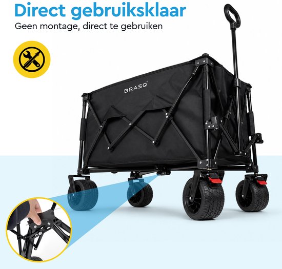 BRASQ Klappbarer Handwagen – 165 Liter – 100 kg Tragkraft – Schwenkbare Räder mit Bremse – 90 x 52 x 110 cm – Verstellbarer Griff – Zusammenklappbarer Handwagen – Schwarz