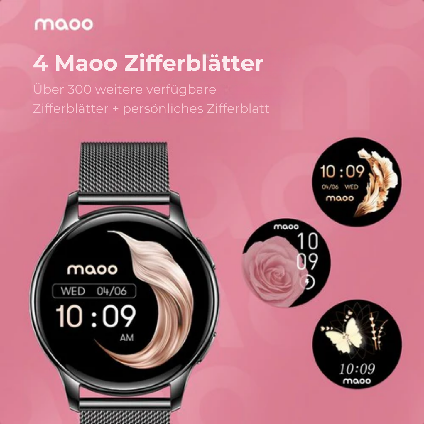 Maoo Ventura AMOLED Smartwatch - Damen - Edelstahl und 3x Silikonband - Schrittzähler - Herzfrequenzmesser - Schlafüberwachung - Multisport - Für Android und iOS - Schwarz