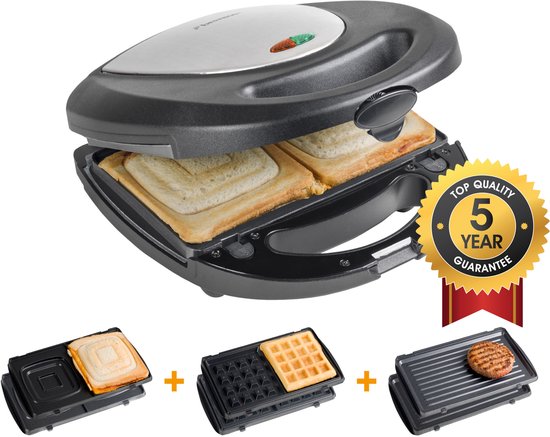 Bestron Sandwichtoaster – ASM8010 – 760 W – 3-in-1: Sandwiches, Waffeln und Grillgerichte – Antihaftbeschichtung – Grau – 5 Jahre Garantie