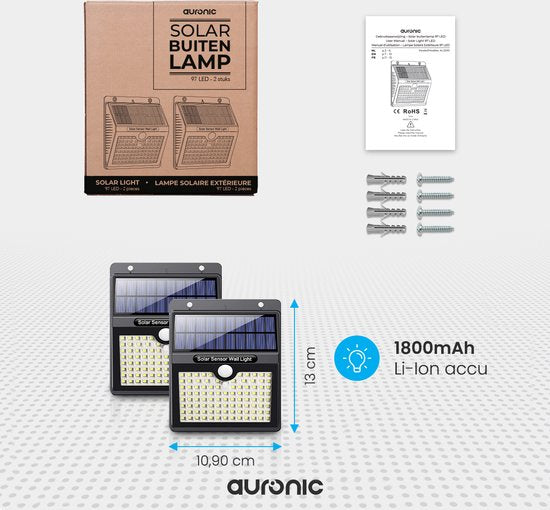 Auronic Solar Außenleuchte mit Bewegungssensor - Wandleuchte mit Sensor - Solar - 97 LEDs - IP65 - 2 Stück - Schwarz