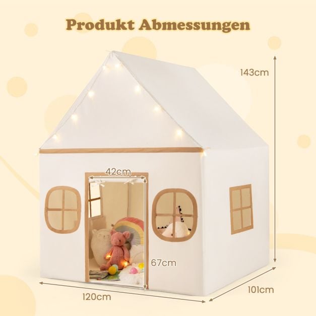 Coast Spielzelt für Kinder – Indoor-Spielhaus mit Sternenlampe und Spielmatte 120 x 101 x 143 cm – Beige/Braun