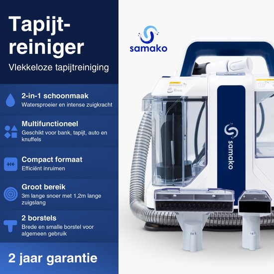 Samako Professioneller Teppichreiniger - Tragbarer Fleckenreiniger - Sofa-Reiniger - Möbelreiniger - Staubsauger - Teppich - Mit Extra-Bürste