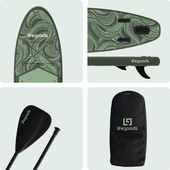 LifeGoods SUP Board All-round Compact - 100 KG Belastbarkeit - 300 x 76 cm - Aufblasbar - Komplettes SUP Paket - Grün/Leger Grün