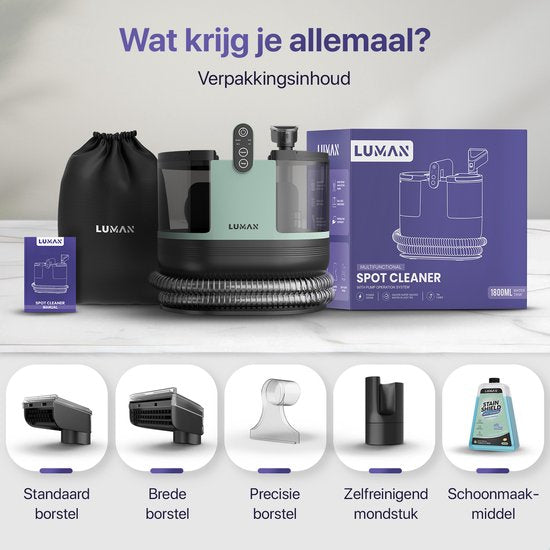 LUMAN 4 in 1 Teppichreiniger - Heizfunktion und Selbstreinigung - Fleckenreiniger - Sitzreiniger - Reiniger für Sofa, Boden, Auto und Teppich - 4 Bürsten - Inklusive Reinigungsmittel - 7 Meter Kabel