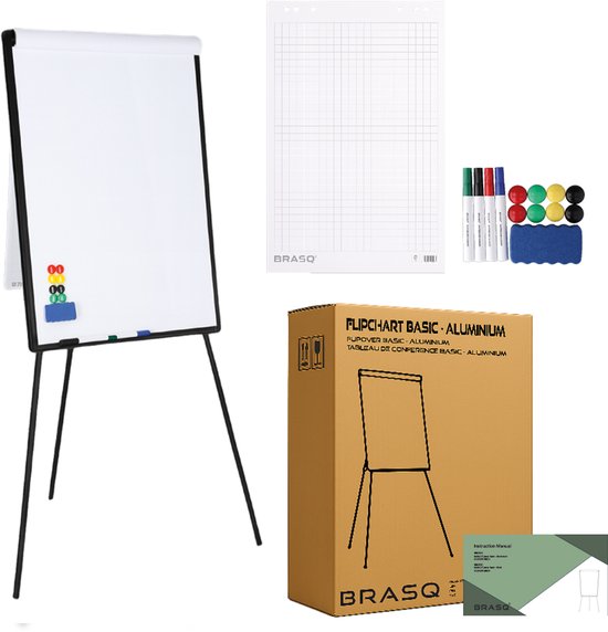 BRASQ Flipchart - 70x100 cm - Verstellbares Whiteboard - Inklusive 25 Blatt Papier, 4 Marker, 8 Magnete, Radiergummi - Magnettafel mit Haken - Magnettafel - Schwarz