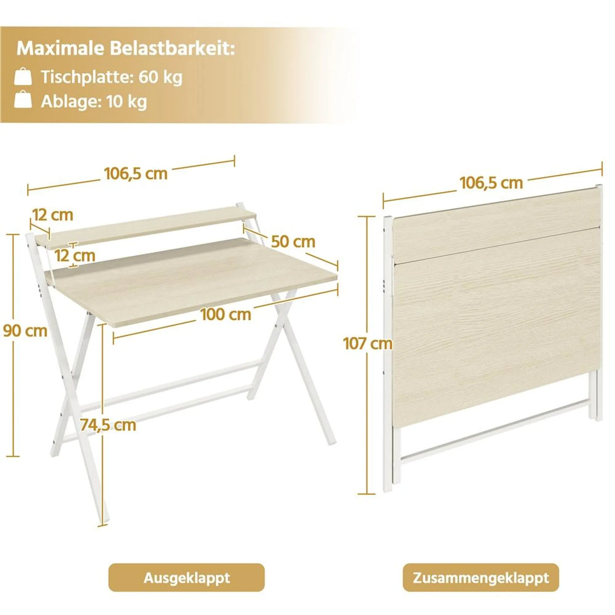 Yaheetech Klappbarer Computertisch mit Monitorhalterung – 106,5 x 60,5 x 90 cm – Helles Holz