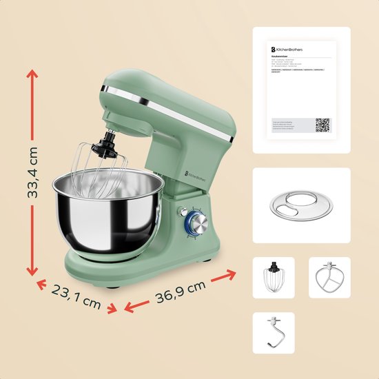 KitchenBrothers Küchenmaschine - 1200W - Küchenroboter - 5L - Brotmixer - Mixer mit Rührschüssel - Küchenmixer - Pastellgrün