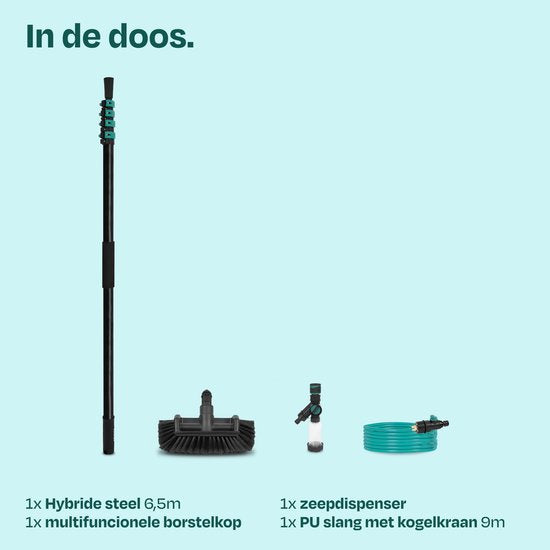 VONROC Hybrid-Teleskop-Waschbürste – Aluminium/3K-Vollcarbon – 6,5 m – inkl. 5-flächigem Bürstenkopf, 9 m Wasserschlauch und Seifenspender