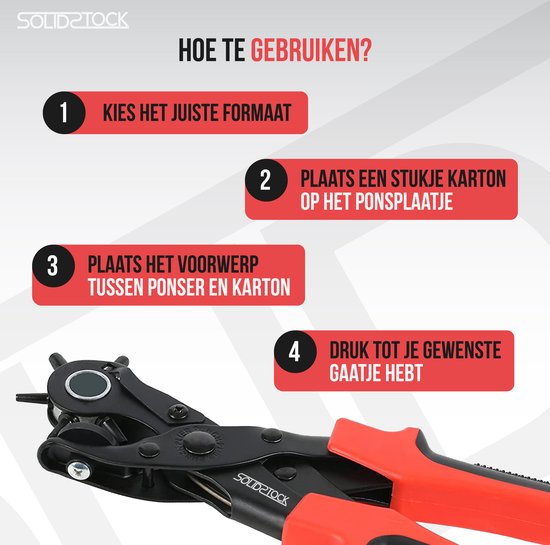 SolidStock Lochzange für Gürtel - mit Messstab - Stanzzange - Revolverzange - Lochzange - Rot