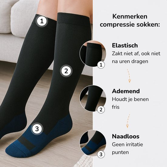 Alyze Kompressionsstrümpfe - 2 Paar - Größe 36-41 - Hoch - Socken für Männer & Frauen - Medizinisch - Neuropathie - Stützstrümpfe - Diabetes - Blutfluss, Laufen, Flugzeug, Bett - Schwarz
