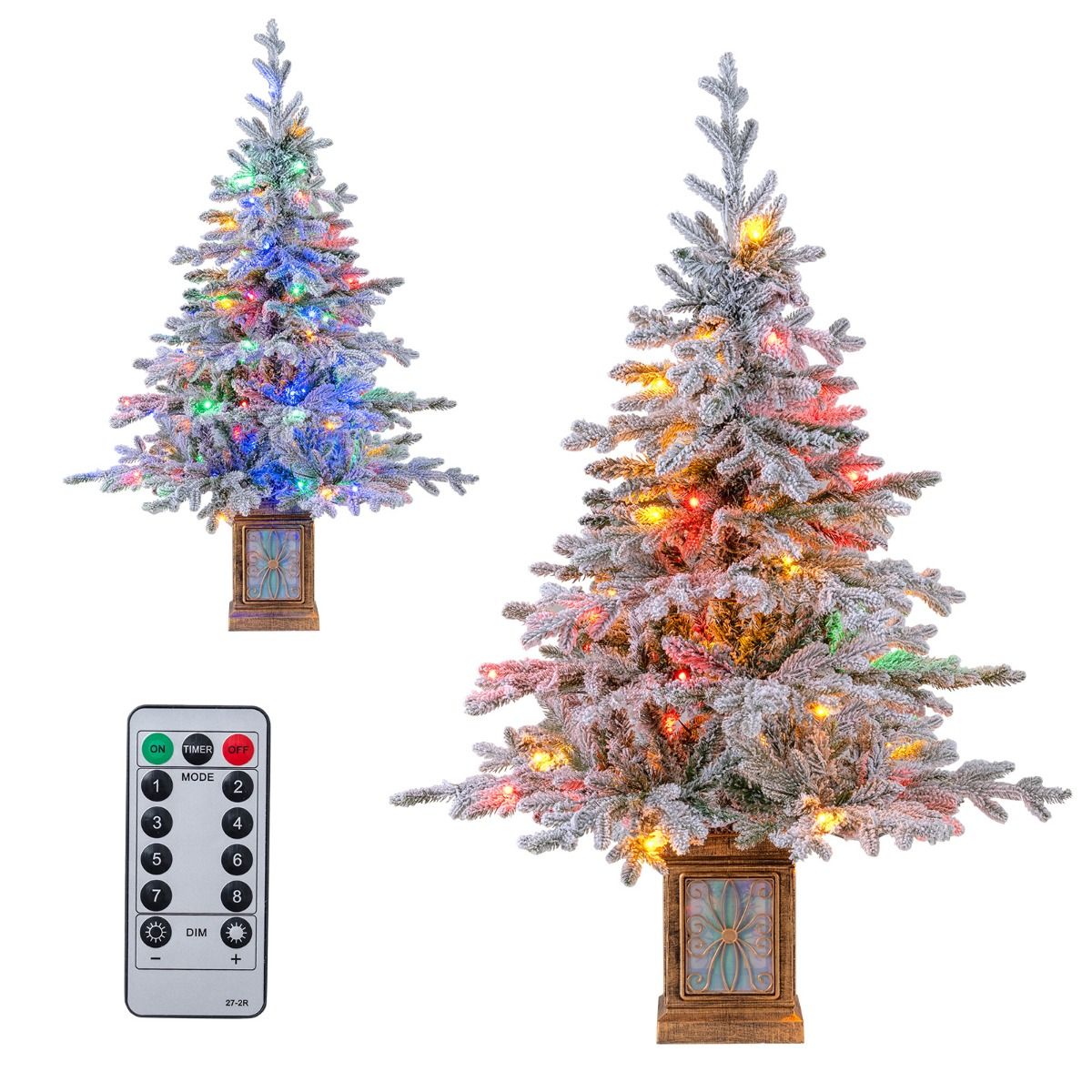 Coast Künstlicher Weihnachtsbaum 120 cm Grün/Weiß - Mit Schnee - 100 LED Mehrfarbig & Warmweiß - Im antiken Topf
