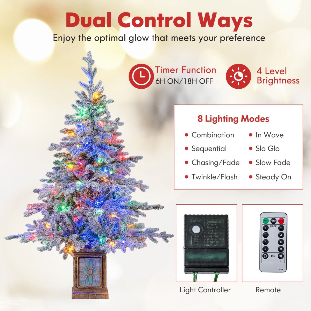 Coast Künstlicher Weihnachtsbaum 120 cm Grün/Weiß - Mit Schnee - 100 LED Mehrfarbig & Warmweiß - Im antiken Topf