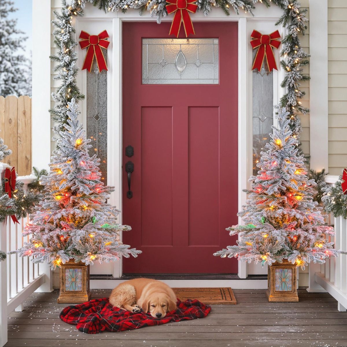 Coast Künstlicher Weihnachtsbaum 120 cm Grün/Weiß - Mit Schnee - 100 LED Mehrfarbig & Warmweiß - Im antiken Topf