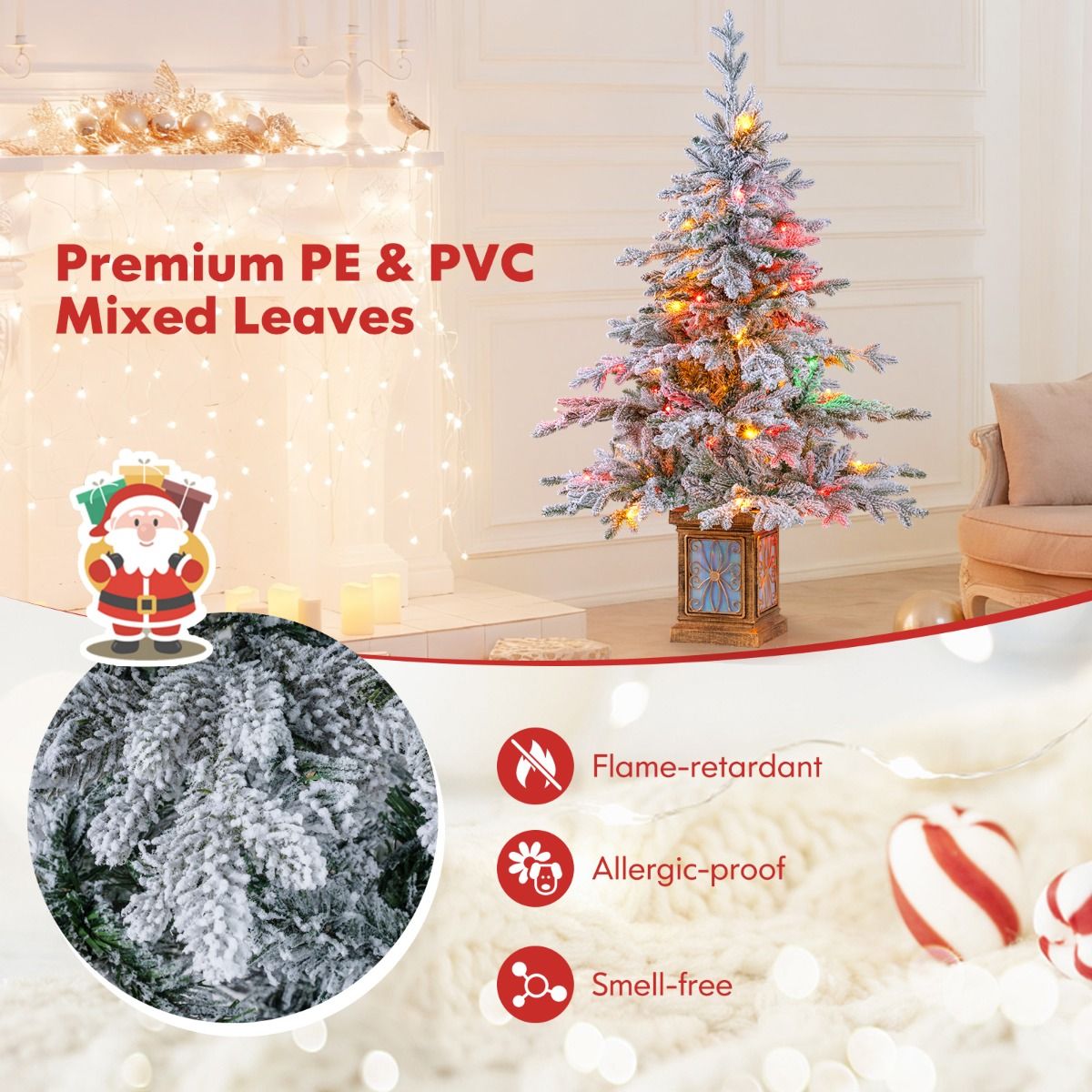Coast Künstlicher Weihnachtsbaum 120 cm Grün/Weiß - Mit Schnee - 100 LED Mehrfarbig & Warmweiß - Im antiken Topf