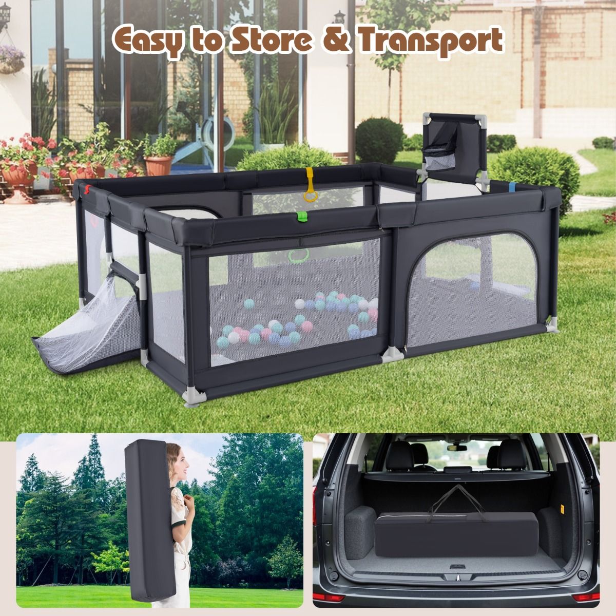 Coast Babybox mit Basketballkorb und Fußballtor – inklusive Bälle und Tragetasche – dunkelgrau 188 x 157 cm