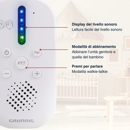 Grundig DECT-Audio-Babyphone – Babyphone mit einer Reichweite von 150 m – Eltern- und Babygerät – mit LED-Geräuschanzeige und Gegensprechfunktion – Zubehör für das Kinderzimmer – Weiß
