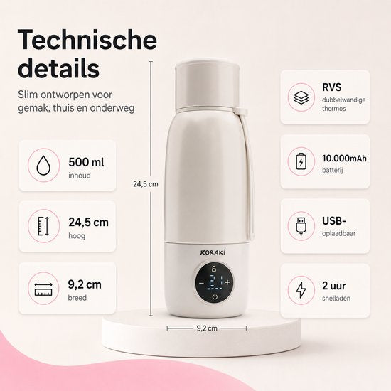 Koraki® Thermosflaschenwärmer - Kabelloser Flaschenwärmer - für unterwegs - 500ml
