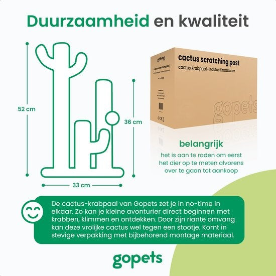 Gopets Kratzbaum Cactus - Mit Seil - Modernes Design - Kratzmöbel mit Spielzeug - 33 x 52 cm