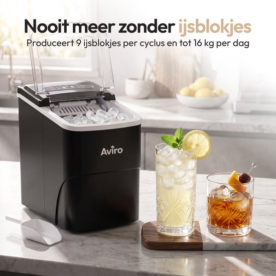Aviro Eiswürfelmaschine XL – 2 l – Mit Eislöffel – Eiswürfelbereiter – 16 kg / 24 Std. – Selbstreinigungsfunktion – Schwarz