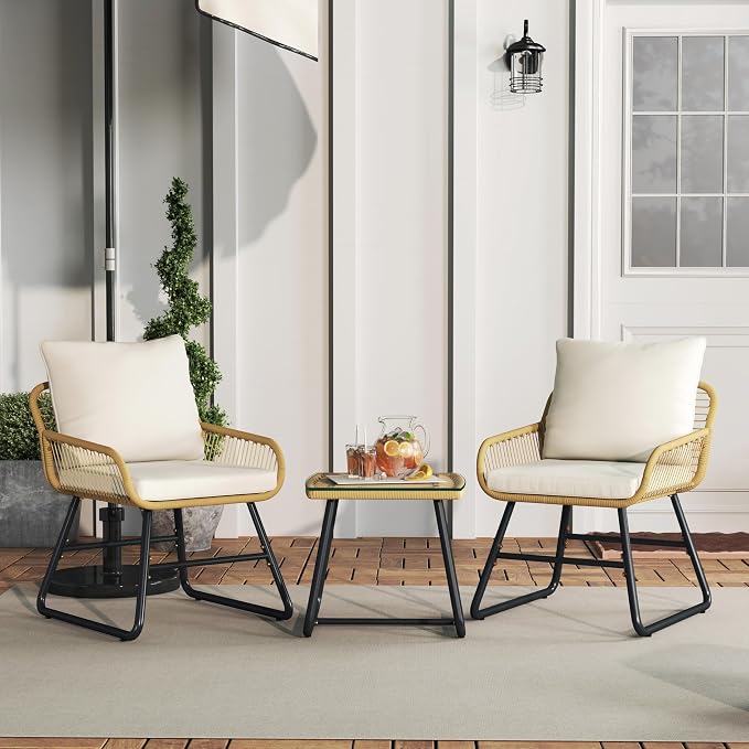 Yaheetech 3-teiliges Bistro-Set – inklusive Kissen und Glastisch – Beige/Creme