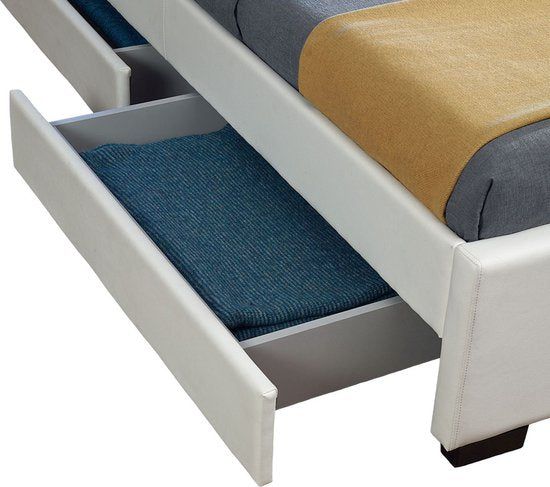 Polsterbett Lyon - 140 x 200 cm - Weiß - LED Beleuchtung & Bettkästen