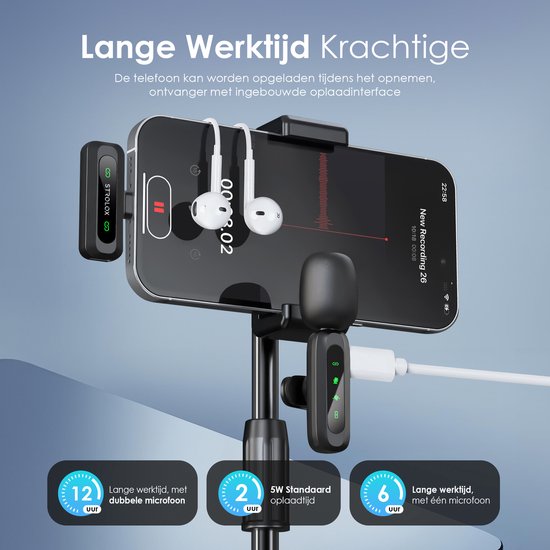 Strolox® Drahtloses Mikrofon Pro – 2 Stück – Lavalier – Windschutz – Anstecknadel – Langlebige Batterie – USB-C/Lightning – Plug & Play