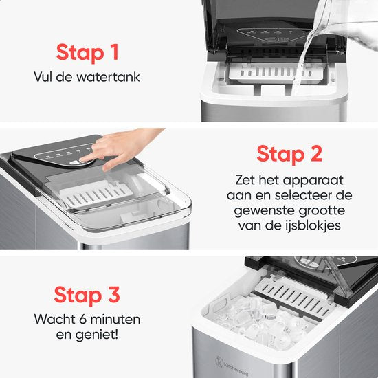 Kitchenwell Eiswürfelbereiter - 2L - 12kg/24 Stunden - Selbstreinigungsfunktion - Silber