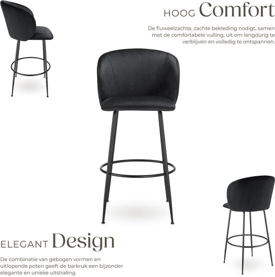 tectake® - 2er Set Barhocker Luana - Gepolsterter Barhocker mit Rückenlehne - Barhocker mit Fußstütze - Esszimmerstuhl mit Samtpolsterung - Stabile Stahlbeine mit rutschfestem Bodenschutz - Schwarz/schwarz