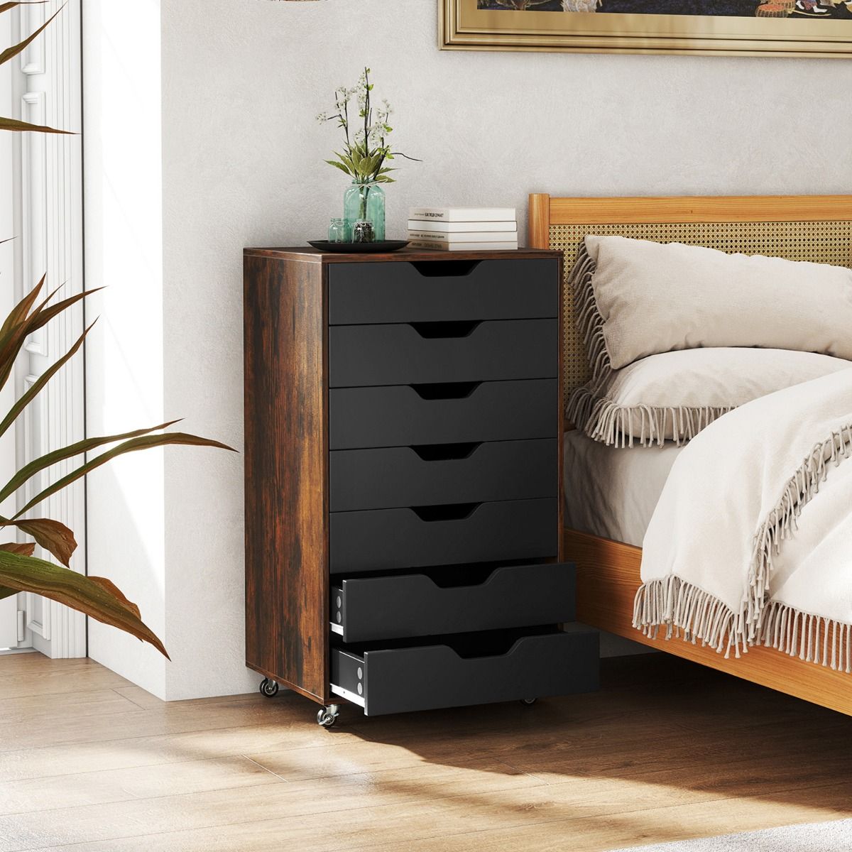 Coast Rollbare Holzkommode mit 7 Schubladen und Rollen – 49 x 40 x 89 cm – Rustikales Braun/Schwarz