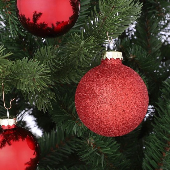 Mica Decorations Weihnachtskugeln-Set, 42 Stück – Weihnachtskugeln für eine solide Basis – Weihnachtsdekoration mit mattem, glänzendem und glitzerndem Finish – Baumspitze in verschiedenen Größen – Ø 7 cm – Rot