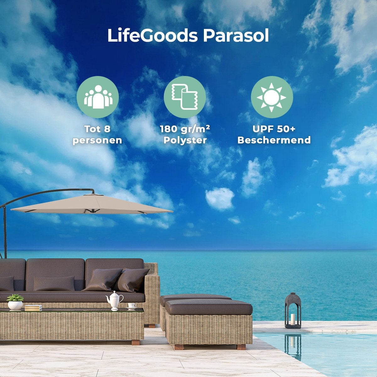 LifeGoods Schwebender Sonnenschirm - bis zu 8 Personen - Ã˜300cm - Wasserdicht - mit Abdeckung und Kreuzfuß - Garten oder Strand - Creme
