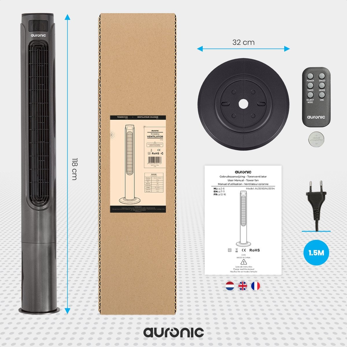 Auronic Tower Fan - Standventilator mit Fernbedienung - Timer - 55W - 45dB - 118cm - Dunkelgrau