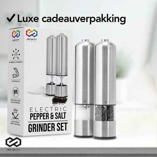 Infinity Goods Elektrische Peper- En Zoutmolen Set - Pepermolen - Zoutmolen - Verstelbare Maalgraad - Kruidenmolen - RVS