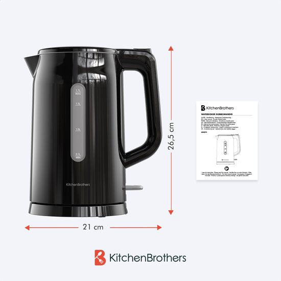 KitchenBrothers Wasserkocher - Elektrisch - 1,7 Liter - Mit Kalkfilter - Doppelwandig - Cool-touch - Schwarz