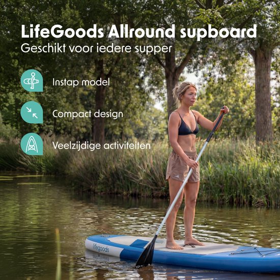 LifeGoods SUP Board All-round Compact - mit Sitz - 100 KG Tragfähigkeit - 300 x 76 cm - Aufblasbar - Komplettes SUP Paket - Blau