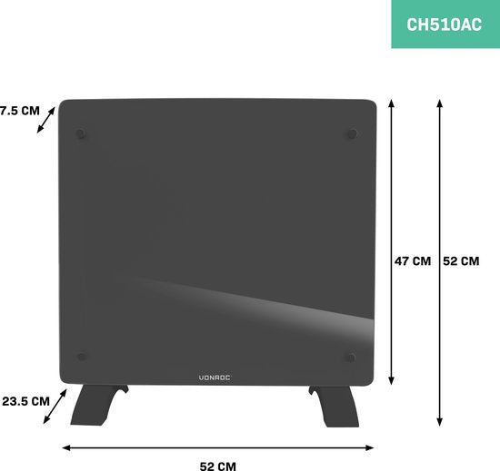 VONROC Luxury electric heater - Konvektorheizung mit Glasscheibe - 500W/1000W - Beheizt Räume bis zu 12m2 - Gesteuert sowohl mit App (über Wifi) als auch manuell - Einstellbarer Thermostat und Timer - Grau