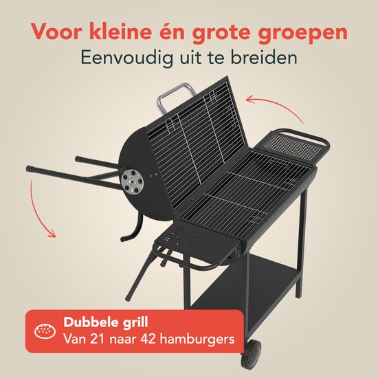 KitchenBrothers 2-in-1 Charcoal BBQ XL - Einstellbare Lüftungsschlitze - Doppel-BBQ - Beistelltische - Grillrost BBQ - Schwarz