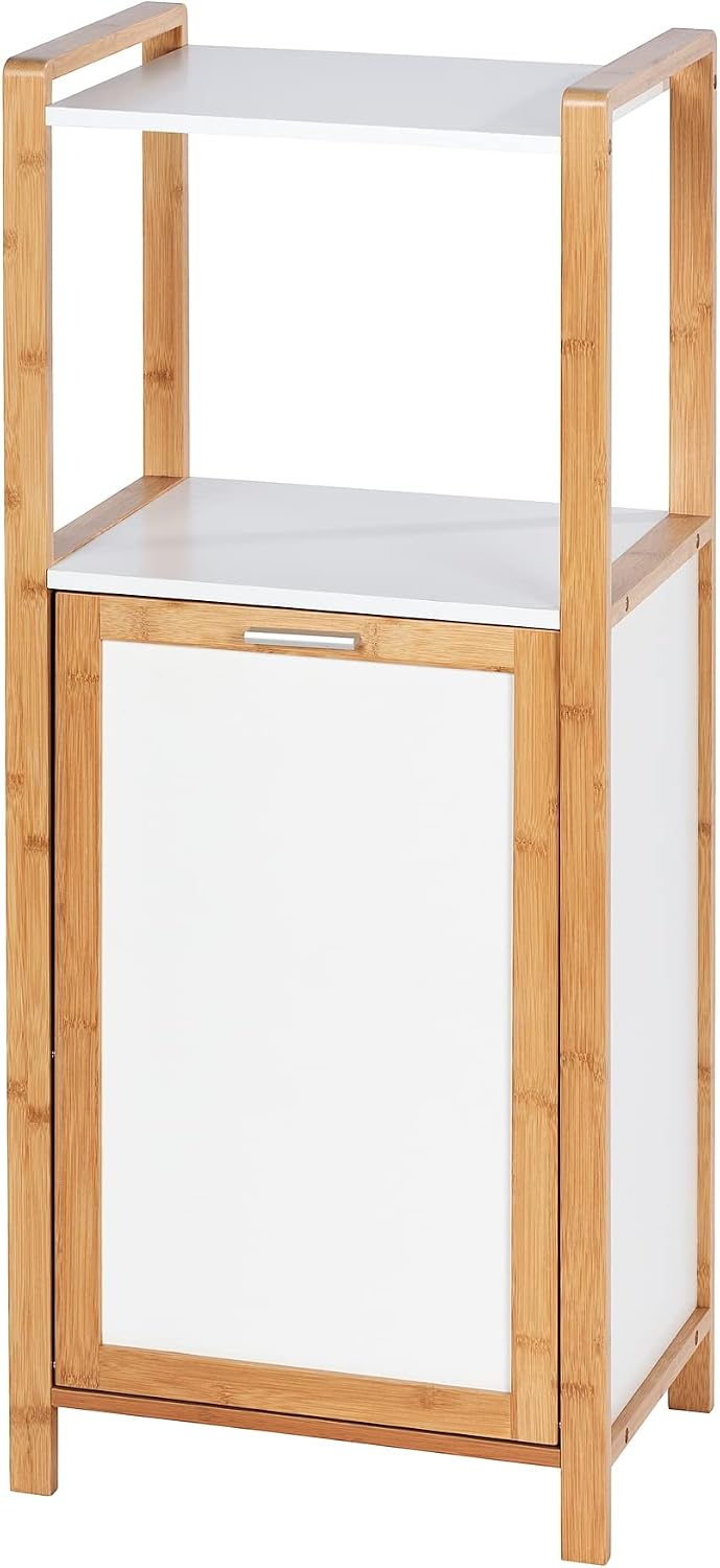 Wenko Finja Wäschekorb mit Ablage – Bambus/Weiß – 40 x 95 x 30 cm