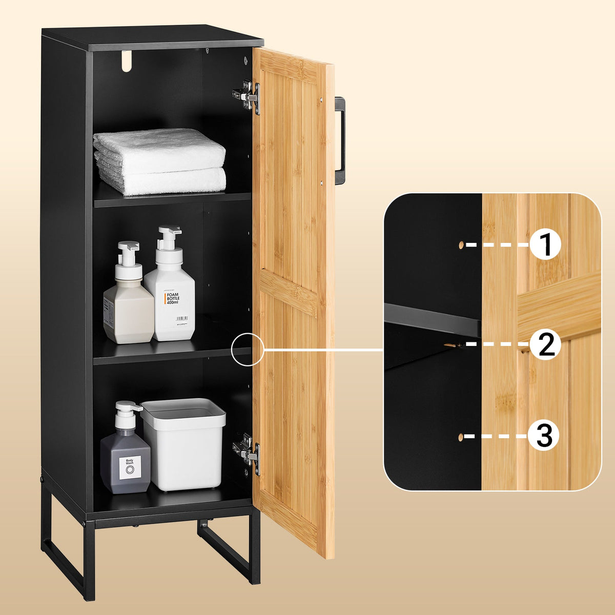 sobuy Schmaler Badezimmerschrank - 30x30x90 cm - Bambus & Schwarz - kompakter Badezimmerschrank mit Tür und verstellbaren Einlegeböden