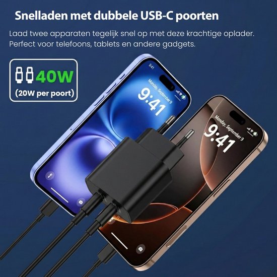 Faas USB C Ladegerät - Schnellladegerät - 40W - 2x 20W Port - 2 Kabel - 1,5 Meter - USB C Kabel - USB C zu USB C - Schwarz
