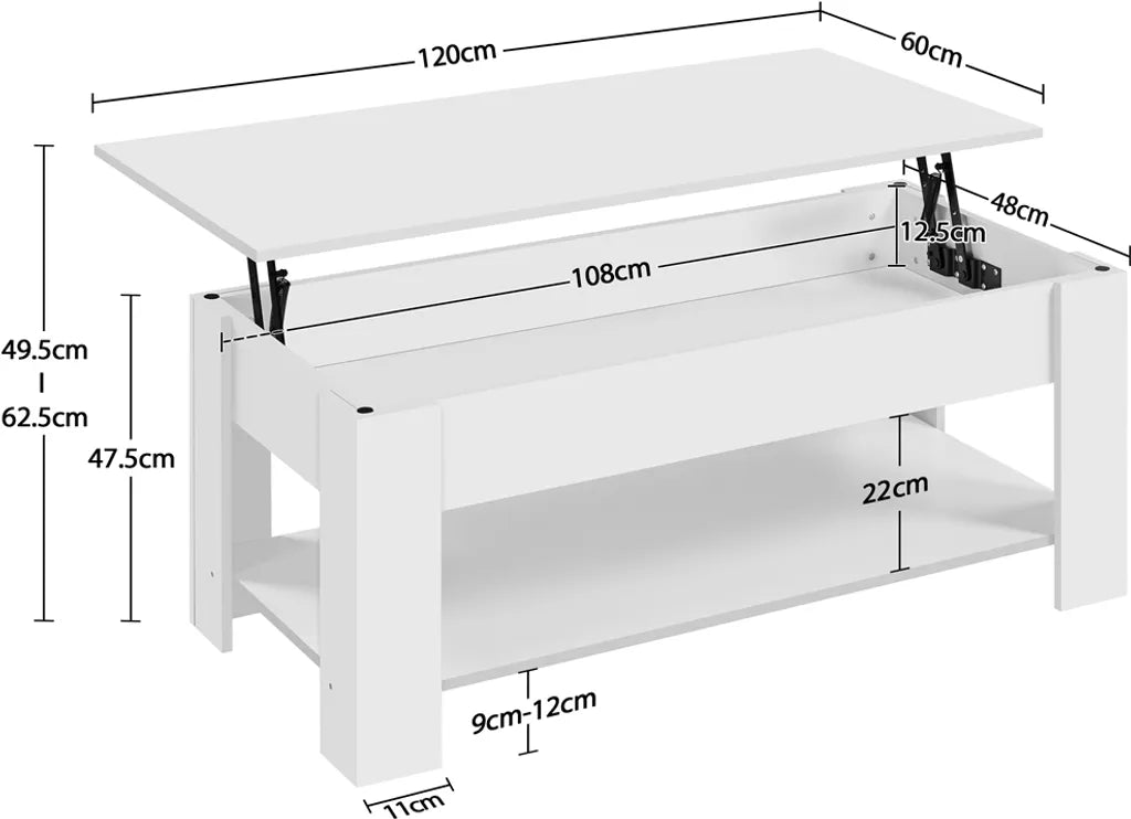 Yaheetech Höhenverstellbarer Couchtisch mit Stauraum, 120 x 59 x 49,5 cm, weiß