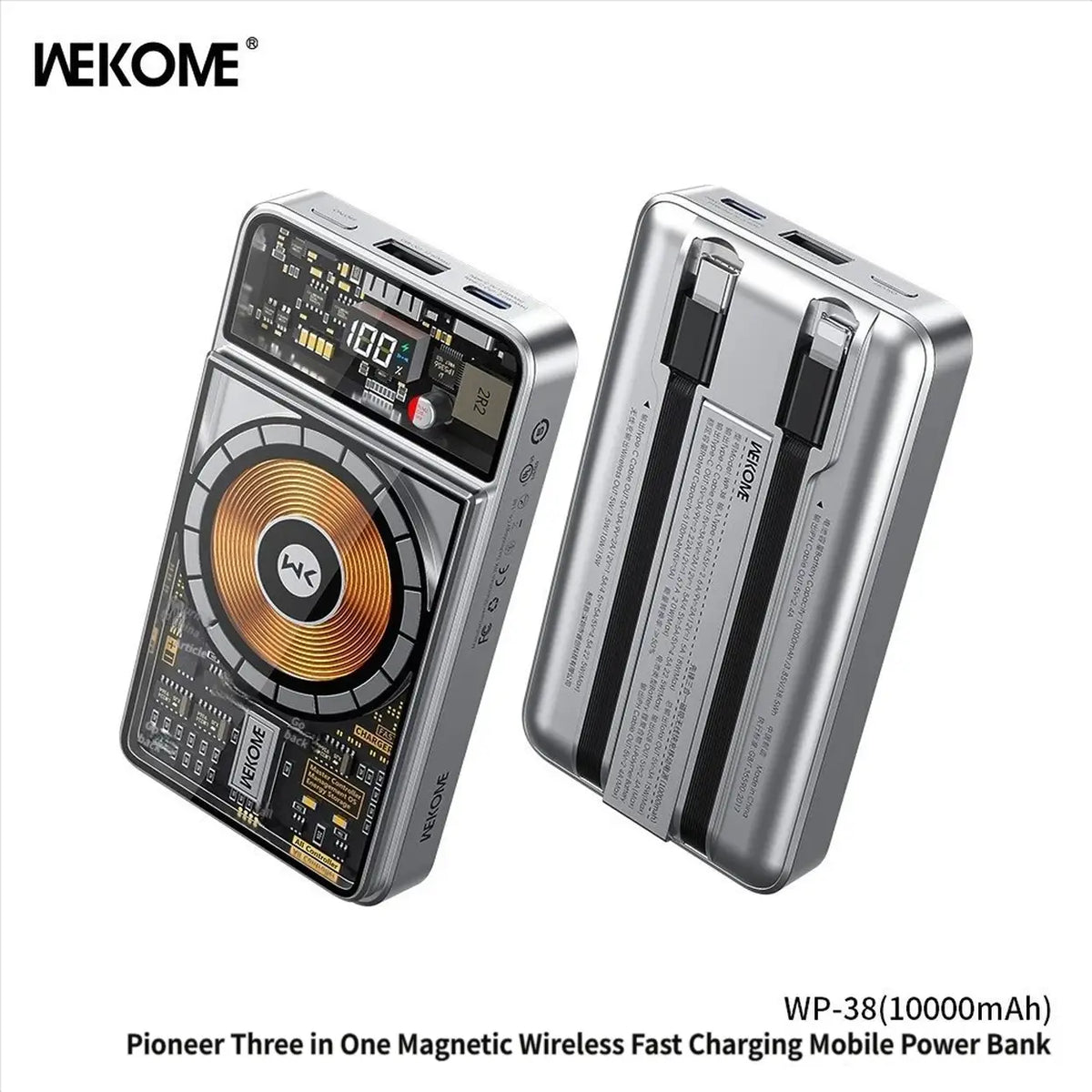 WEKOME Pioneer 10.000 mAh magnetische 3-in-1-Powerbank WP-38, geeignet für Apple-, Huawei-, Samsung- und Xiaomi-Smartphones