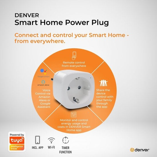 Denver Smart Plug mit Energiezähler - Erdung - Timer - Smart Plug - TUYA - Funktioniert mit Amazon Alexa und Google Home - WiFi - Für iOS und Android - SHP102